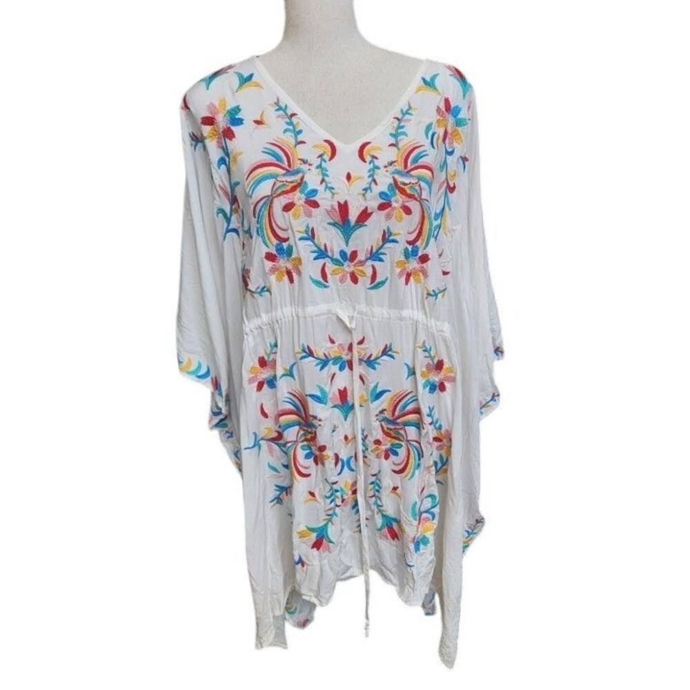 Andree by Unit Oversized Embroidered Caftan Poncho Top Size Large White Boho